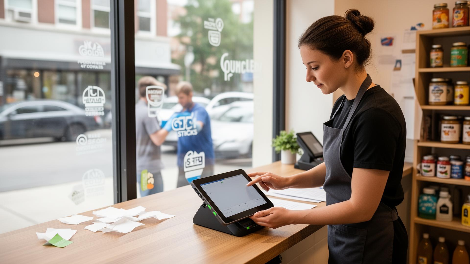 A shop owner setting up a Crypto Receipts tablet terminal at the counter while window stickers go up outside